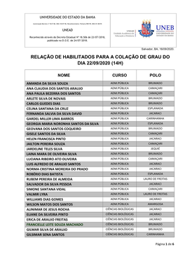 Relação De Habilitados Para a Colação De Grau Do Dia 22/09/2020 (14H)