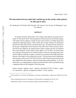 Arxiv:Astro-Ph/0703080V1 5 Mar 2007 UK H Neato Ewe Ai Oe N O a Ntenearby the in Gas Hot and Lobes Radio Between Interaction the ..Hardcastle M.J