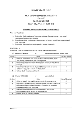 UNIVERSITY of PUNE M.A. (URDU) Semester III PART – II PAPER VIII W.E.F