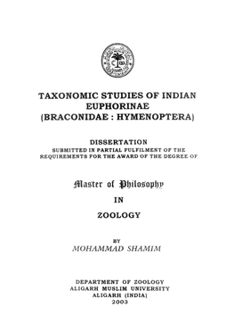 Taxonomic Studies of Indian Euphorinae (Braconidae: Hymenoptera)