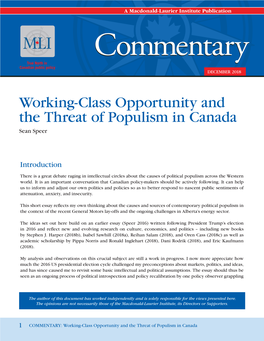 Working-Class Opportunity and the Threat of Populism in Canada Sean Speer