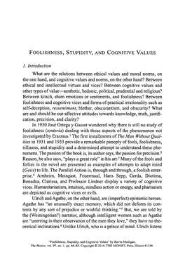 Foolishness, Stupidity, and Cognitive Values 1