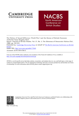 The Politics of Sexual Difference: World War I and the Demise of British Feminism Author(S): Susan Kingsley Kent Source: Journal of British Studies, Vol