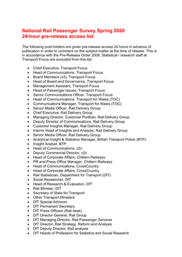 National Rail Passenger Survey Spring 2020 24-Hour Pre-Release Access List