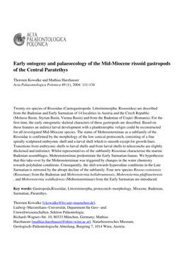 Early Ontogeny and Palaeoecology of the Mid-Miocene Rissoid Gastropods of the Central Paratethys