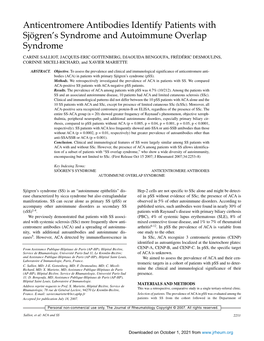 Anticentromere Antibodies Identify Patients with Sjögren's Syndrome