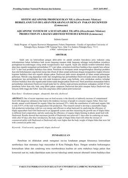 SISTEM AKUAPONIK PRODUKSI IKAN NILA (Oreochromis Niloticus) BERKELANJUTAN DI LAHAN PEKARANGAN DENGAN PAKAN DUCKWEED (Lemnaceae)