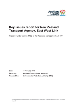 Key Issues Report for New Zealand Transport Agency, East West Link