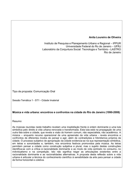 Música E Vida Urbana: Encontros E Confrontos Na Cidade Do Rio De Janeiro (1990-2008)