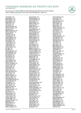 UNKNOWN ADDRESSES of TRINITY OLD BOYS G (As of January 2013) T