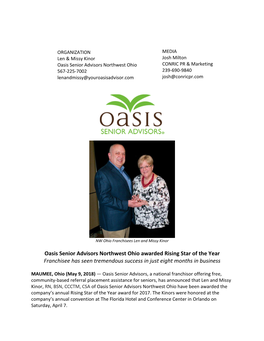 Oasis Senior Advisors Northwest Ohio Awarded Rising Star of the Year Franchisee Has Seen Tremendous Success in Just Eight Months in Business