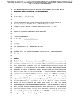 Complete Genome Sequence of a Divergent Strain of Tibetan Frog Hepatitis B Virus Associated to Concave-Eared Torrent Frog