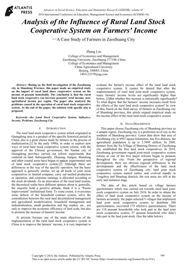 Analysis of the Influence of Rural Land Stock Cooperative System on Farmers' Income —A Case Study of Farmers in Zaozhuang City