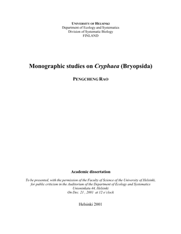 A Synopsis of the Genus Cryphaea Mohr & Weber (Cryphaeaceae, Bryopsida)