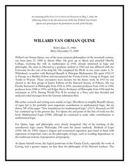 Willard Van Orman Quine Was Spread Upon the Permanent Records of the Faculty