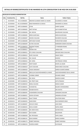 Details of Degree/Certificates to Be Awarded in 11Th Convocation to Be Held on 14.03.2020