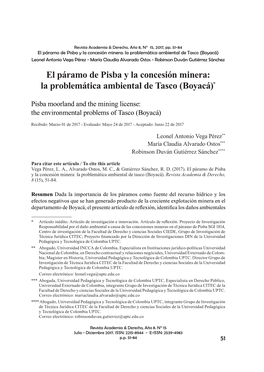 El Páramo De Pisba Y La Concesión Minera: La Problemática Ambiental De Tasco (Boyacá)