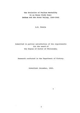 The Evolution of Puritan Mentality in an Essex Cloth Town: Dedham and the Stour Valley, 1560-1640