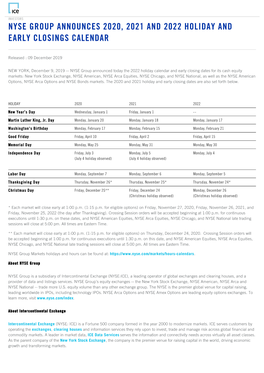 Nyse Group Announces 2020, 2021 and 2022 Holiday and Early Closings Calendar