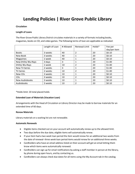 Lending Policies | River Grove Public Library