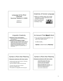 Language & the Mind LING240 Summer Session II 2005 Creativity of Human Language Linguistic Creativity an Account That Won'