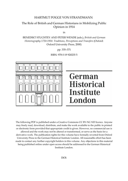 HARTMUT POGGE VON STRANDMANN the Role of British and German Historians in Mobilizing Public Opinion in 1914