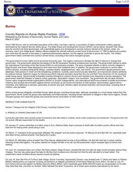 Country Reports on Human Rights Practices - 2006 Released by the Bureau of Democracy, Human Rights, and Labor March 6, 2007