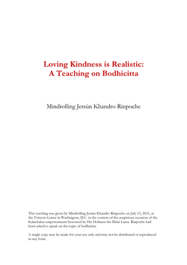 Loving Kindness Is Realistic: a Teaching on Bodhicitta