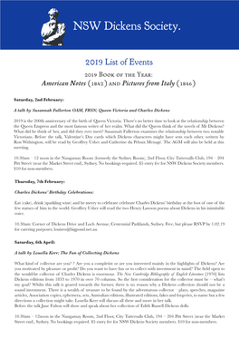 2019 List of Events 2019 Book of the Year: American Notes (1842) and Pictures from Italy (1846)