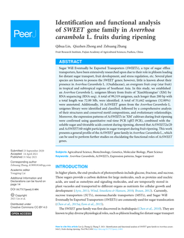 Identification and Functional Analysis of SWEET Gene Family in Averrhoa Carambola L