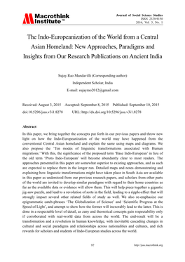 The Indo-Europeanization of the World from a Central Asian Homeland: New Approaches, Paradigms and Insights from Our Research Publications on Ancient India