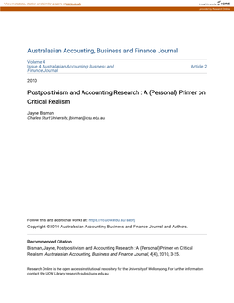 Postpositivism and Accounting Research : a (Personal) Primer on Critical Realism