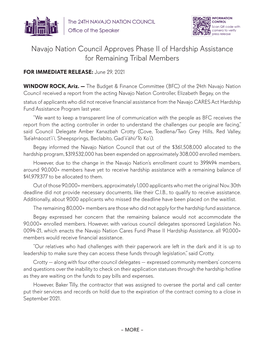 Navajo Nation Council Approves Phase II of Hardship Assistance for Remaining Tribal Members