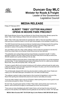 Albert 'Tibby' Cotter Walkway Opens in Moore Park Precinct
