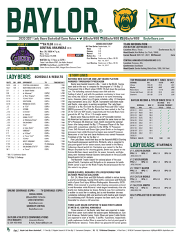 2020-2021 Lady Bears Basketball Game Notes • @Baylorwbb @Baylorwbb @Baylorwbb Baylorbears.Com GAME #1 #4/4BAYLOR (0-0) Vs