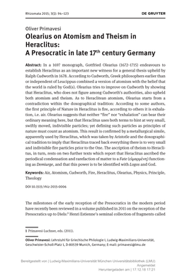 Olearius on Atomism and Theism in Heraclitus: a Presocratic in Late 17Th Century Germany