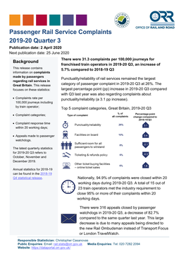 Passenger Rail Service Complaints 2019-20 Q3