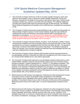 UVA Sports Medicine Concussion Management Guidelines Updated May, 2019