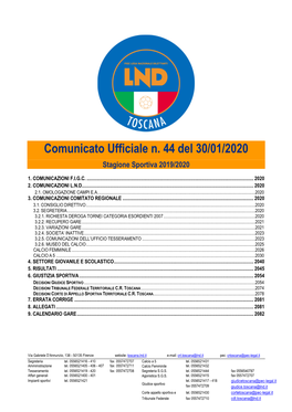 Comunicato Ufficiale N. 44 Del 30/01/2020