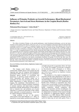 Influence of Primalac Probiotic on Growth Performance, Blood Biochemical Parameters, Survival and Stress Resistance in the Caspian Roach (Rutilus