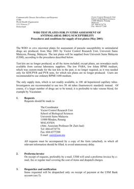 WHO TEST PLATES for in VITRO ASSESSMENT of ANTIMALARIAL DRUG SUSCEPTIBILITY Procedures and Conditions for Supply of Test Plates (May 2001)