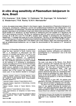 In Vitro Drug Sensitivity of Plasmodium Falciparum in Acre, Brazil P.G