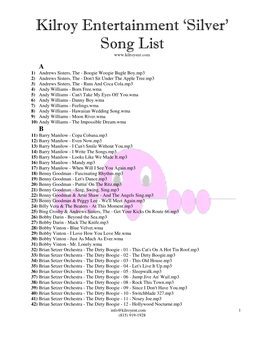 Kilroy Entertainment 'Silver' Song List