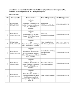 Cause List of Cases Under Section 59 of the Real Estate (Regulation and Development) Act, 2016 Fixed for Hearing Before Sh