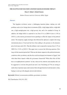 The Egyptian Revolution and Post Socio-Economic Impact