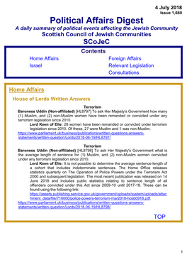 Political Affairs Digest a Daily Summary of Political Events Affecting the Jewish Community Scottish Council of Jewish Communities