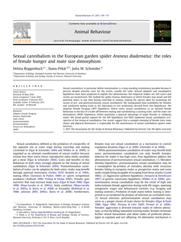 Sexual Cannibalism in the European Garden Spider Araneus Diadematus: the Roles of Female Hunger and Mate Size Dimorphism