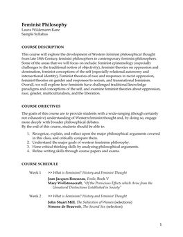 Feminist Philosophy Laura Wildemann Kane Sample Syllabus