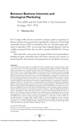 Between Business Interests and Ideological Marketing the USSR and the Cold War in Fiat Corporate Strategy, 1957–1972