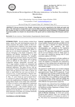 Phytochemical Investigation of Dicoma Tomentosa to Isolate Secondary Metabolites